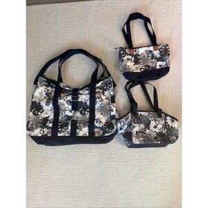 Thirty One 3-Piece Set -Blue Brown Florals-Large, Small Tote Plus Insulated Bag